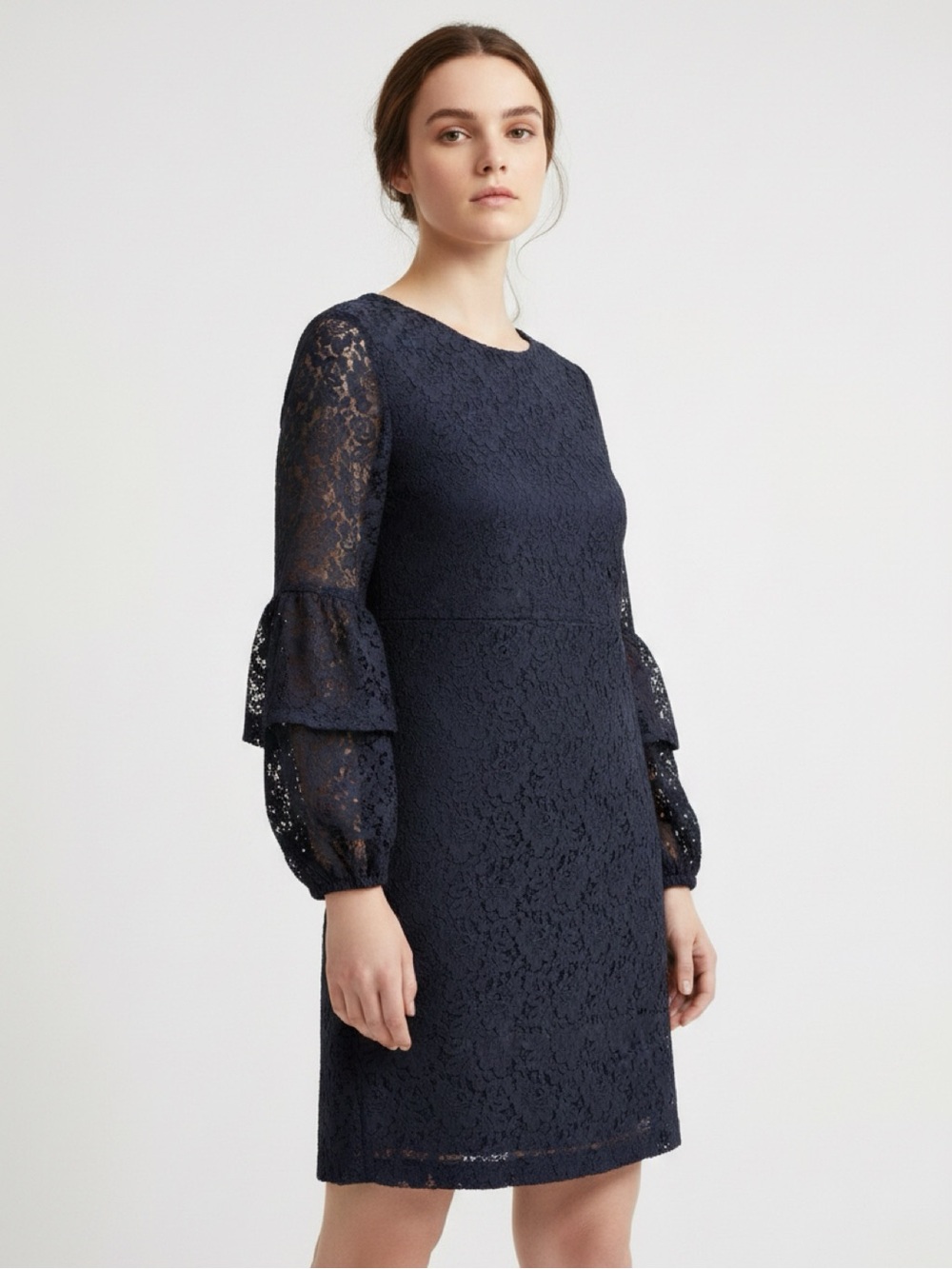 Ann Taylor Navy Lace Long-Sleeve Tiered-Sleeve Shift Dress
